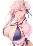  10eki_(tenchou) 1girl absurdres arm_under_breasts asymmetrical_hair bangs bikini blue_bikini blue_eyes blush breasts bun_cover cleavage collarbone criss-cross_halter fate/grand_order fate_(series) grin hair_bun halterneck hand_on_own_chest highres large_breasts long_hair looking_at_viewer miyamoto_musashi_(fate/grand_order) miyamoto_musashi_(swimsuit_berserker)_(fate) pink_hair simple_background smile solo swept_bangs swimsuit tareme white_background 