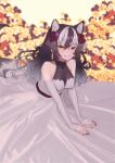  1girl absurdres alternate_costume animal_ears arm_support bangs bare_shoulders black_hair blue_eyes blurry blurry_background breasts bridal_gauntlets bride closed_mouth commentary_request covered_nipples dress earrings extra_ears fang fang_out fingernails flower grey_hair grey_wolf_(kemono_friends) hair_between_eyes hair_flower hair_ornament heterochromia highres jewelry kemono_friends leaning_forward long_dress long_hair looking_at_viewer medium_breasts multicolored_hair nail_polish outstretched_arms ponta_(matsuokazieg) red_flower red_nails red_rose ring rose sidelocks sleeveless sleeveless_dress smile solo tail two-tone_hair wedding_dress wolf_ears wolf_girl wolf_tail yellow_eyes 