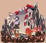  1girl bangs black_hair black_legwear black_neckwear black_ribbon black_skirt breasts brown_eyes claws closed_mouth commentary_request crossed_arms full_body gen_3_pokemon groudon happy highres kashii_takamasa legendary_pokemon long_hair long_sleeves looking_to_the_side miniskirt molten_rock neck_ribbon one_side_up open_mouth original pokemon pokemon_(creature) purple_shirt ribbon rock sharp_teeth shiny shiny_hair shirt skirt small_breasts smile spikes teeth thighhighs tied_hair yellow_eyes zettai_ryouiki 