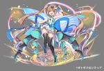  1girl :d absurdres ankle_bow arm_up ass_visible_through_thighs back_bow bangs black_legwear blue_bow blue_footwear blue_ribbon blue_wings bow brown_hair buta_tamako cameltoe character_request eyebrows_visible_through_hair fairy_wings fang frilled_skirt frills full_body gradient_hair green_shirt grey_background hair_between_eyes hair_bow high_heels highres holding holding_microphone long_hair looking_at_viewer microphone multicolored_hair official_art open_mouth otogi_frontier panties plaid purple_eyes ribbon shirt shoes sidelocks simple_background skindentation skirt smile solo strapless thighhighs twintails underwear very_long_hair watermark white_panties white_skirt wings wrist_cuffs 
