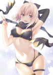  1girl absurdres ahoge bare_shoulders bikini black_bikini black_bow black_gloves black_scarf blonde_hair blush bow breasts cleavage fate/grand_order fate_(series) gloves hair_between_eyes hair_bow highres looking_at_viewer nagiha_kuten navel okita_souji_(fate)_(all) okita_souji_(swimsuit_assassin)_(fate) scarf short_hair single_glove smile solo swimsuit v yellow_eyes 