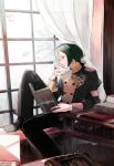  1boy book boots epaulettes fire_emblem fire_emblem:_three_houses garreg_mach_monastery_uniform green_eyes green_hair leaf linhardt_von_hevring long_hair low_ponytail male_focus mik3d sitting solo window 