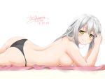  1girl bangs black_panties blush breasts commentary_request dated eyebrows_visible_through_hair flower_knight_girl from_side ginryousou_(flower_knight_girl) highres large_breasts long_hair looking_at_viewer lying on_stomach panties simple_background smile underwear white_background white_hair yellow_eyes yukinoshiro 