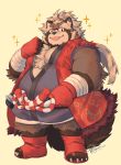  2019 anthro belly brown_fur canid canine clothing fur goemon_(tas) hi_res humanoid_hands male mammal overweight overweight_male raccoon_dog robe shiriya_(artist) simple_background solo tanuki tokyo_afterschool_summoners tongue tongue_out video_games 