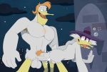  abs anal anti_dev armpit_hair balls bodily_fluids body_hair chest_hair clothing crossover cum darkwing_duck disney ducktales erection genital_fluids hat headgear headwear hi_res invalid_tag launchpad_mcquack male male/male pecs penis pubes size_difference superhero vein 