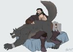  anthro bed body_hair canid canine canis chest_hair domination duo facial_hair fangs human humiliation male male_domination mammal muscular muscular_male paddle raised_tail smile smirk spanking submissive_male were werecanid werecanine werewolf wolf 