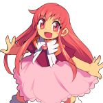  1girl :d blush_stickers dress eyebrows_visible_through_hair konjiki_no_gash!! long_hair looking_at_viewer metata open_mouth outstretched_arms pink_dress red_eyes red_hair short_sleeves simple_background smile solo tio_(konjiki_no_gash!!) white_background 
