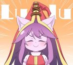  1girl animal_ears blush character_name eyebrows_visible_through_hair hat kinokodake league_of_legends long_hair lulu_(league_of_legends) orange_background pointy_ears purple_hair purple_skin smile solo upper_body witch_hat yordle 