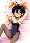  1boy ahoge animal_ears armpits banana bow bowtie bulge bunny_boy bunny_ears bunnysuit crossdressing detached_collar eating food food_on_face fruit hair_between_eyes jojo_no_kimyou_na_bouken looking_at_viewer marimo_danshaku narancia_ghirga nipples on_bed otoko_no_ko pantyhose pillow purple_eyes purple_hair shota solo wrist_cuffs 