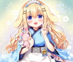  1girl :d animal_ears apron bangs blonde_hair blue_bow blue_kimono blush bow bunny_ears commentary_request dated eyebrows_visible_through_hair fingernails floral_print frilled_apron frills hair_between_eyes hair_bow hair_ornament happy_birthday holding holding_stuffed_animal japanese_clothes kimono lace-trimmed_sleeves long_hair long_sleeves maid_headdress open_mouth original print_kimono purple_eyes sasai_saji smile solo stuffed_animal stuffed_bunny stuffed_toy upper_body v very_long_hair wa_maid waist_apron white_apron white_bow wide_sleeves x_hair_ornament 