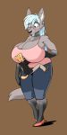  anthro big_breasts breasts canid canine cleavage clothed clothing ducky_(artist) female hi_res huge_breasts larger_female male mammal simple_background size_difference smaller_male 