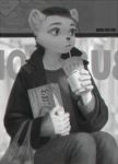  2019 black_and_white clothed clothing detailed_background drinking eggo female food fur hair holding_object mammal monochrome mustela mustelid musteline sitting solo stoat terry_grimm 