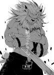  1boy bara belt closed_mouth content_rating cowboy_shot crossed_arms digimon digimon_(creature) earrings furry furry_male greyscale holding holding_sword holding_weapon jewelry kamado023 leomon lion_boy looking_at_viewer male_focus mane monochrome muscular muscular_male pants simple_background single_earring solo standing sword topless_male weapon white_background 