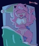  2019 anthro bed bedding big_breasts blanket bodily_fluids breasts camel_toe clothed clothing drooling eyes_closed female hair hi_res horaco jigglypuff jillgglypuff lying mammal nintendo open_mouth pillow pink_hair pok&eacute;mon pok&eacute;mon_(species) saliva simple_background sleeping sleeping_cap solo underwear video_games 