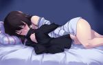  1girl bangs bed bra_strap brown_hair closed_eyes coat girls_und_panzer highres implied_incest implied_yuri kuzuryuu_kennosuke long_sleeves masturbation nishizumi_maho no_pants on_bed pajamas pillow pussy_juice short_hair smelling solo sweatdrop 