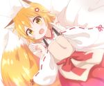  1girl animal_ears apron araki495 bangs bed_sheet blonde_hair blush bow brown_apron brown_eyes commentary_request double_fox_shadow_puppet dutch_angle eyebrows_visible_through_hair fang fingernails flower fox_ears fox_girl fox_shadow_puppet fox_tail hair_between_eyes hair_flower hair_ornament hakama hands_up japanese_clothes kimono long_sleeves lying on_back open_mouth red_bow red_flower red_hakama ribbon-trimmed_sleeves ribbon_trim senko_(sewayaki_kitsune_no_senko-san) sewayaki_kitsune_no_senko-san sidelocks solo tail tail_raised white_kimono wide_sleeves 