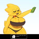  1:1 absurd_res alphys anthro areola belly big_breasts blush bra breast_squish breasts buckteeth chubby_female clothing eyes_closed eyewear female freckles front_view glasses hi_res money navel non-mammal_breasts open_mouth open_smile panties reptile scales scalie short_stack slightly_chubby smile solo somescrub squish teeth thick_thighs undertale underwear video_games wide_hips yellow_scales 
