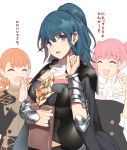  3girls annette_fantine_dominique armor bangs blue_eyes blue_hair book breasts byleth_(fire_emblem) byleth_(fire_emblem)_(female) cape cleavage closed_eyes commentary_request detached_collar emblem eyebrows_visible_through_hair fire_emblem fire_emblem:_three_houses gauntlets hair_between_eyes hand_up hands_together high_ponytail highres hilda_valentine_goneril holding holding_book large_breasts looking_at_viewer military military_uniform multiple_girls open_mouth orange_hair pink_hair ponytail translation_request uniform yappen 