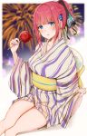  1girl absurdres bangs bare_legs blue_eyes blunt_bangs blurry blurry_background blush border breasts butterfly_hair_ornament candy_apple collarbone eating eyebrows_visible_through_hair fading_border fan festival fireworks food go-toubun_no_hanayome hair_between_eyes hair_ornament hair_ribbon hand_up highres holding holding_food japanese_clothes kimono looking_at_viewer nakano_nino outside_border paper_fan ponytail red_hair ribbon short_hair short_ponytail sidelocks sitting sleeves_past_wrists solo striped striped_kimono uchiwa uiri-na yukata 