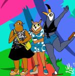  anthro avian bertie bird bojack_horseman bottomwear breasts cleavage clothed clothing colorful_background crossover dress female footwear group high_heels non-mammal_breasts owl platform_footwear ramphastos sandals shoes shorts thrush toco_toucan toucan tuca tuca_and_bertie wanda_pierce 