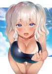 1girl bangs bare_shoulders blue_eyes blue_sky blue_swimsuit blurry blurry_background blush breasts cleavage cloud collarbone day eyebrows_visible_through_hair foreshortening hair_between_eyes hair_intakes hand_up highres kantai_collection kashima_(kantai_collection) large_breasts leaning_forward looking_at_viewer medium_hair one-piece_swimsuit open_mouth outdoors palm_tree pulled_by_self sidelocks silver_hair sky smile solo sparkle standing swimsuit tan tanline thigh_gap thighs tree twintails two-tone_swimsuit usa_b wavy_hair white_swimsuit wide_hips 