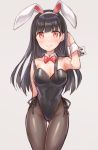  1girl animal_ears arm_behind_back ass_visible_through_thighs black_hair black_legwear black_leotard bow bowtie breasts bunny_ears bunny_girl bunnysuit commentary_request cowboy_shot detached_collar grey_background highres leotard long_hair looking_at_viewer medium_breasts midori_miyako orange_eyes original pantyhose red_neckwear simple_background smile solo strapless strapless_leotard thigh_gap wrist_cuffs 