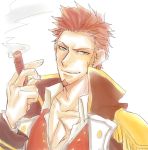  1boy abs beard blue_eyes brown_hair chest cigar collared_jacket collared_shirt facial_hair fate/grand_order fate_(series) furrowed_eyebrows holding_cigar looking_at_viewer male_focus muscle napoleon_bonaparte_(fate/grand_order) okimasuku0323 pectorals scar shirt sketch smile smirk smoke smoking solo upper_body white_background 