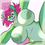  1:1 anthro big_breasts black_eyes blue_nose breasts ducky_(artist) fangs female fur green_fur hair hi_res huge_breasts mammal nipples nude open_mouth pink_hair tongue 