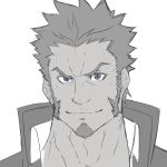  1boy beard blue_eyes brown_hair closed_mouth collared_jacket colorfulax face facial_hair fate/grand_order fate_(series) greyscale grin looking_at_viewer male_focus monochrome napoleon_bonaparte_(fate/grand_order) portrait raised_eyebrows sideburns sketch smile solo white_background 