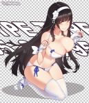  1girl bikini black_hair breasts cleavage eyebrows_visible_through_hair fingerless_gloves girls_frontline gloves hairband kneeling large_breasts long_hair looking_at_viewer navel qbz-95_(girls_frontline) sandals skelefuku smile solo swimsuit thighhighs very_long_hair white_bikini white_gloves white_legwear yellow_eyes 