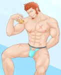  1boy abs alcohol arm_behind_back bara beard blue_eyes brown_hair bulge chest drink facial_hair fate/grand_order fate_(series) ice ice_cube looking_at_viewer male_focus male_swimwear muscle napoleon_bonaparte_(fate/grand_order) nipples one_eye_closed pectorals porkjinta scar simple_background smile solo swim_briefs swimwear topless upper_body whiskey 