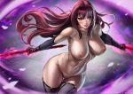 1girl absurdres blush breasts dandon_fuga fate/grand_order fate_(series) gae_bolg gloves glowing glowing_weapon highres large_breasts lips long_hair looking_at_viewer nipples nude paid_reward patreon_reward polearm purple_hair pussy pussy_juice red_eyes scathach_(fate)_(all) scathach_(fate/grand_order) solo spear thighhighs toned tongue tongue_out weapon 