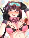  1girl bangs bare_shoulders bikini black_gloves blush breasts brown_hair cleavage fate/grand_order fate_(series) glasses gloves goggles goggles_on_head hand_gesture large_breasts long_hair looking_at_viewer navel open_mouth osakabe-hime_(fate/grand_order) osakabe-hime_(swimsuit_archer)_(fate) pink_bikini pink_scarf poruporu purple_eyes red-framed_eyewear scarf ski_goggles smile swimsuit twintails v wavy_mouth 
