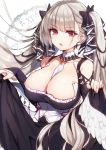  1girl azur_lane bangs between_breasts black_dress black_nails blush breasts cleavage dress earrings eyebrows_visible_through_hair formidable_(azur_lane) frilled_dress frills grey_hair hair_ornament hair_ribbon highres jewelry large_breasts long_hair looking_at_viewer open_mouth raiou red_eyes ribbon skirt_hold solo twintails 