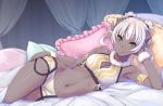  1girl animal_ears armlet bangs bed blush breasts cleavage dark_skin fingernails grey_eyes horns looking_at_viewer lying midriff navel on_bed on_side original pillow saba_no_misoni_(doddosi) sharp_fingernails sheep_ears sheep_horns shorts slit_pupils solo thick_eyebrows two_side_up white_legwear 