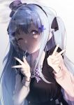  1girl absurdres blue_hair bow bowtie buckle cigarette commentary facial_mark girls_frontline hair_ornament hair_ribbon hairband hat highres hk416_(girls_frontline) katsuya_228 long_hair looking_at_viewer mini_hat one_eye_closed ribbon smoke smoking solo teardrop teeth twintails two-tone_dress younger 