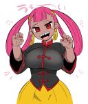  1girl background_text breasts chinese_clothes dark_skin earrings hair_rings half-closed_eyes highres jewelry keriage pink_hair pokemon pokemon_masters punk_girl_(pokemon) red_eyes red_nails twintails 