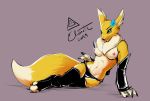  anthro blush breasts canid canine digimon digimon_(species) elicitie female fox hi_res mammal renamon rubber simple_background solo 
