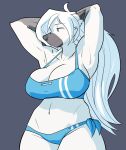  anthro big_breasts bikini blue_eyes breasts canid canine cleavage clothed clothing ducky_(artist) female fur hair hi_res mammal navel smile swimwear white_fur white_hair 