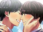  2boys black_hair blue_background brown_eyes brown_hair closed_eyes cloud day gekijouban_ossan_zu_rabu hand_on_another&#039;s_cheek hand_on_another&#039;s_face imai jewelry looking_at_another male_focus mole mole_under_eye multiple_boys outdoors parted_lips profile ring yaoi 