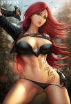  1girl armor bangs bikini black_bikini blurry blurry_background breasts contrapposto cowboy_shot floating_hair game gloves green_eyes groin highres holding holding_weapon katarina_du_couteau large_breasts league_of_legends long_hair looking_at_viewer midriff navel parted_lips red_hair red_lips scar scar_across_eye shrug_(clothing) sidelocks skindentation solo standing stomach swimsuit tattoo thighs toned weapon yupachu 