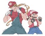  2boys baseball_cap blonde_hair blue_eyes blue_overalls cosplay costume_switch facial_hair fatal_fury fingerless_gloves gloves hat jacket long_hair male_focus mario mario_(cosplay) mario_(series) multiple_boys muscle mustache overalls ponytail shoes short_hair simple_background smile sneakers super_mario_bros. super_smash_bros. terry_bogard terry_bogard_(cosplay) the_king_of_fighters vest vinhnyu white_background 