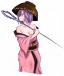  1girl bangs bare_shoulders black_headwear black_sash bowl bowl_hat breasts cleavage collarbone commentary cowboy_shot dr._addamelech english_commentary eyebrows_visible_through_hair hat holding holding_needle holding_weapon japanese_clothes kimono needle_sword obi off_shoulder pink_kimono profile purple_hair red_eyes sash short_hair simple_background small_breasts solo standing sukuna_shinmyoumaru touhou weapon white_background 