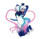 2019 anthro blue_fur blue_hair breasts canid canine claws cloud digital_media_(artwork) dorukolorukalai eyebrows female fur glowing grin hair hands_behind_head long_hair long_tongue looking_at_viewer mammal meera_thufoi navel nipples nude open_mouth paws pink_eyes ponytail sky smile smirk solo tentacles toe_claws tongue white_fur 