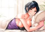  1girl backlighting bangs bare_shoulders bed_sheet black_bra black_hair blush bra breasts breasts_outside camisole_pull cleavage collarbone hayami_kanade highres idolmaster idolmaster_cinderella_girls large_breasts looking_at_viewer oimo on_bed parted_bangs pillow purple_camisole short_hair smile solo strap_slip underwear window yellow_eyes 
