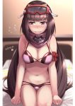  1girl bikini breasts brown_hair dated fate/grand_order fate_(series) goggles goggles_on_head highres large_breasts looking_away low_twintails mku navel on_bed osakabe-hime_(fate/grand_order) osakabe-hime_(swimsuit_archer)_(fate) purple_eyes scarf sitting sweat sweating_profusely swimsuit twintails wavy_mouth 