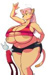  anthro big_breasts breasts cleavage clothed clothing domestic_cat ducky_(artist) felid feline felis female fur hair hi_res huge_breasts larger_female mammal nipple_outline obese overweight pink_hair size_difference tan_fur thick_thighs torn_clothing white_fur yellow_eyes 