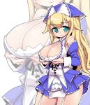  1girl blonde_hair blue_eyes breast_lift breasts camilla_(sennen_sensou_aigis) cleavage cowboy_shot garter_straps large_breasts long_hair looking_at_viewer nemui_(nemui) sennen_sensou_aigis smile solo white_background wide_hips zoom_layer 