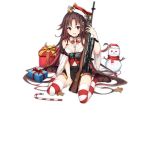  1girl alternate_costume bangs battle_rifle bell black_skirt blush bow bra breasts brown_hair candy candy_cane christmas commentary_request eyebrows_visible_through_hair food gift girls_frontline gun hair_ornament hat jianren long_hair looking_at_viewer m21 m21_(girls_frontline) medium_breasts midriff multicolored_hair official_art red_eyes red_hair ribbon rifle santa_hat scope skirt snowman solo striped striped_legwear striped_ribbon thighhighs transparent_background underwear weapon 