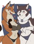  &lt;3 2019 anthro armello belly black_nose blush bodily_fluids bra breasts canid canine canis cleavage clothed clothing duo embarrassed female fox fur hi_res josun looking_at_viewer mammal navel neck_tuft open_mouth paws river_(armello) scarlet_(armello) simple_background smile standing sweat thick_thighs tuft underwear video_games white_fur wolf 